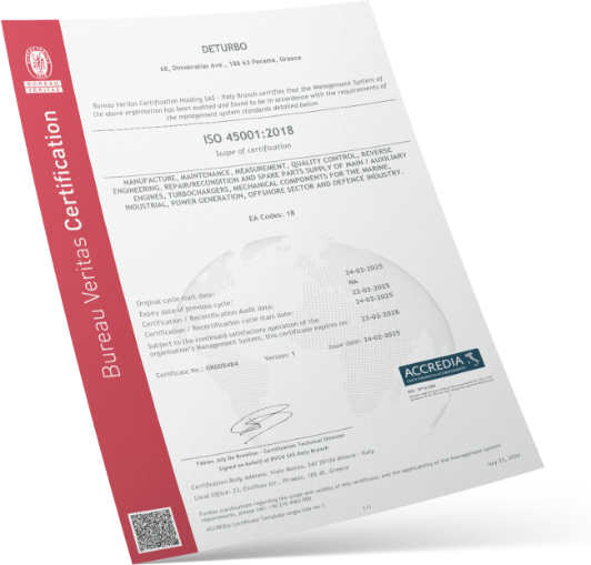 ISO 45001:2018 occupational health and safety certificate issued by Bureau Veritas to DeTurbo