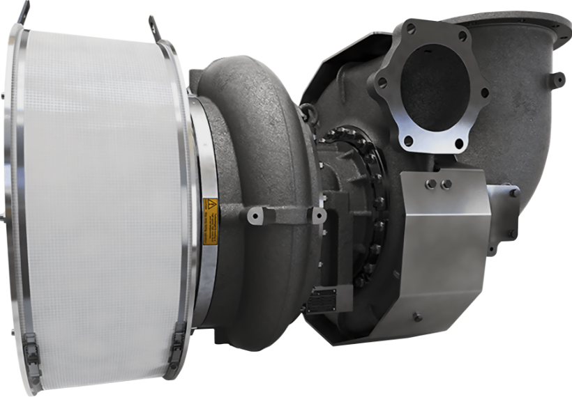 A fully assembled marine turbocharger ready for testing